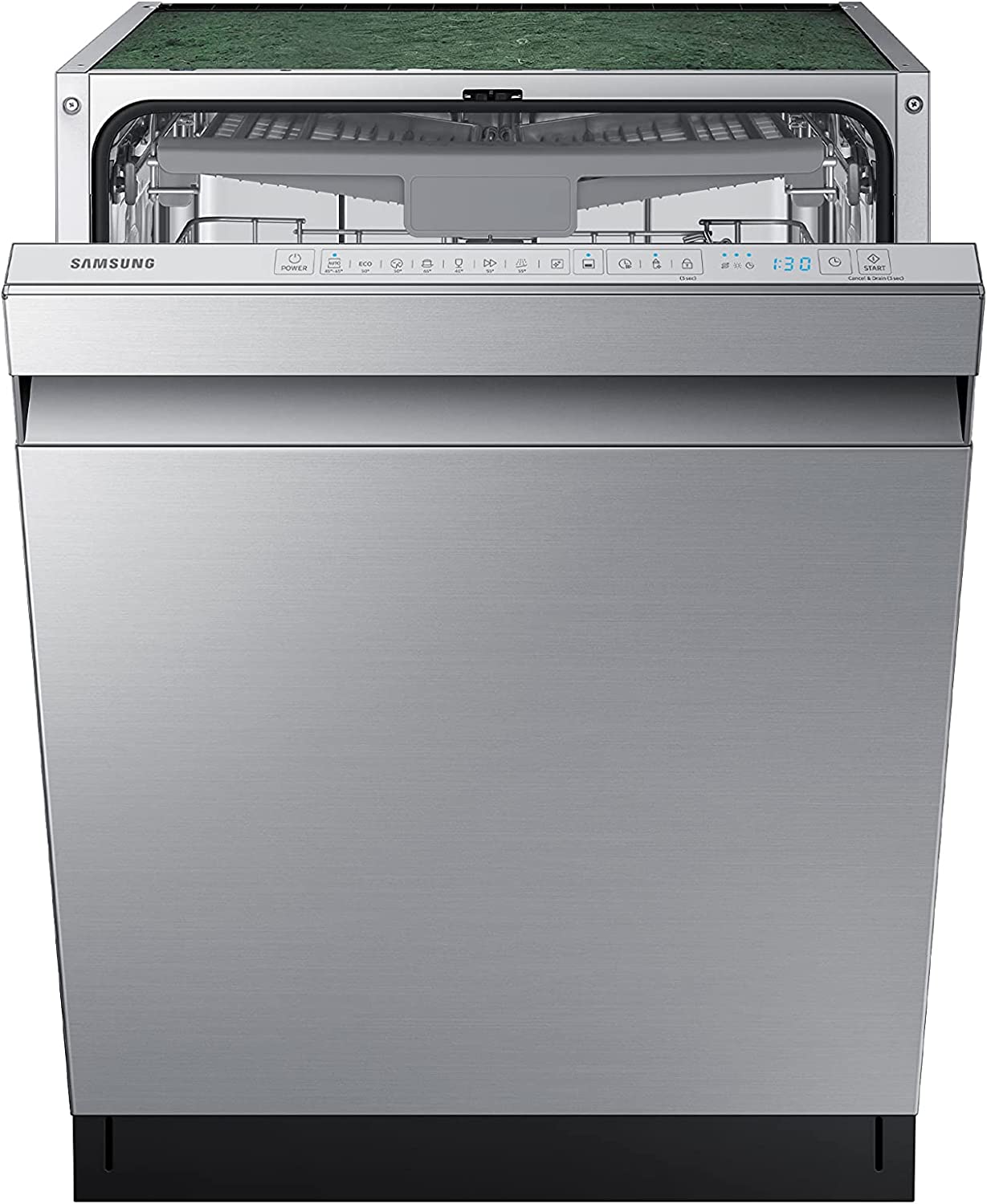 Samsung DW60R7070US/EG Lave-vaisselle encastré partiellement intégré, largeur 59,8 cm, 14 plafonds, ouverture automatique de porte et porte-verres à vin, fonction silencieuse, acier inoxydable [Classe énergétique A+++]